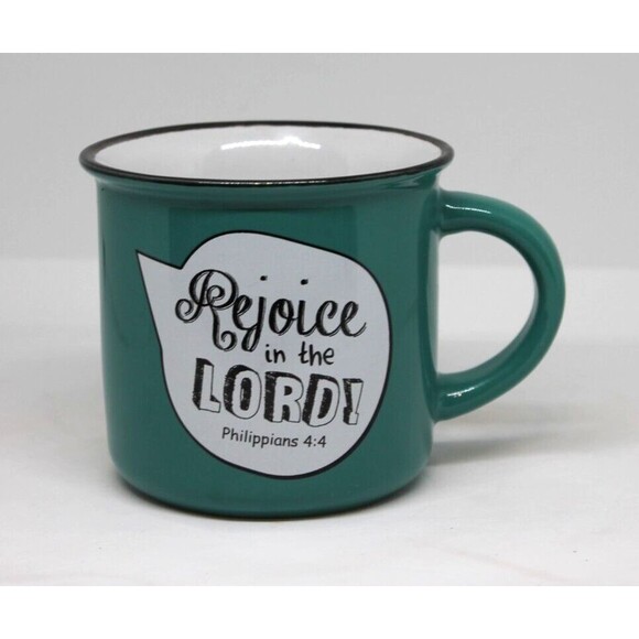 Christian Art Gifts Religious Coffee Mug 2016 "Rejoice in the Lord" 12oz. Green - Picture 1 of 7